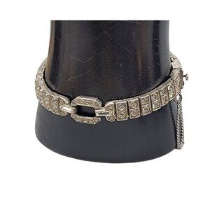 Antique Sterling Diamante Buckle Tennis Bracelet 925 Silver Period Jewelry 6.5"